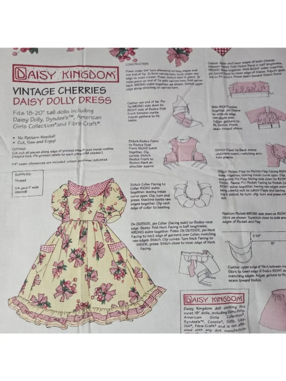 Daisy Kingdom Vintage Cherries Daisy Dolly Dress Cut & Sew Fabric Panel Yellow